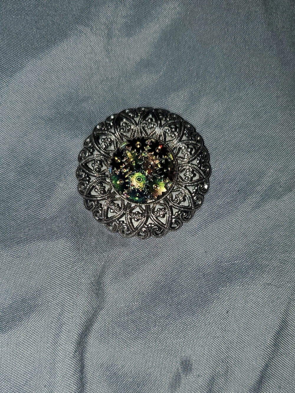 Vintage-Inspired Silver Filigree Multi-Color Floral Cabochon Brooch
